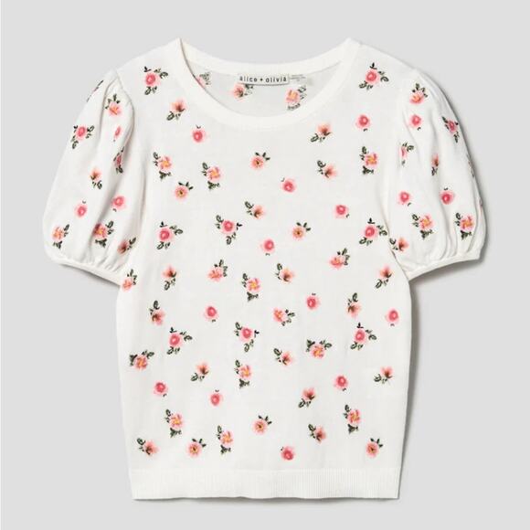 Alice + Olivia Rosa Puff Sleeve Floral Embroidered Pullover Sweater Top - Picture 1 of 5